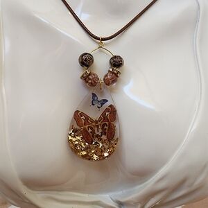 BrazenSoul Butterfly & Gold Leaf Resin Pendant Necklace